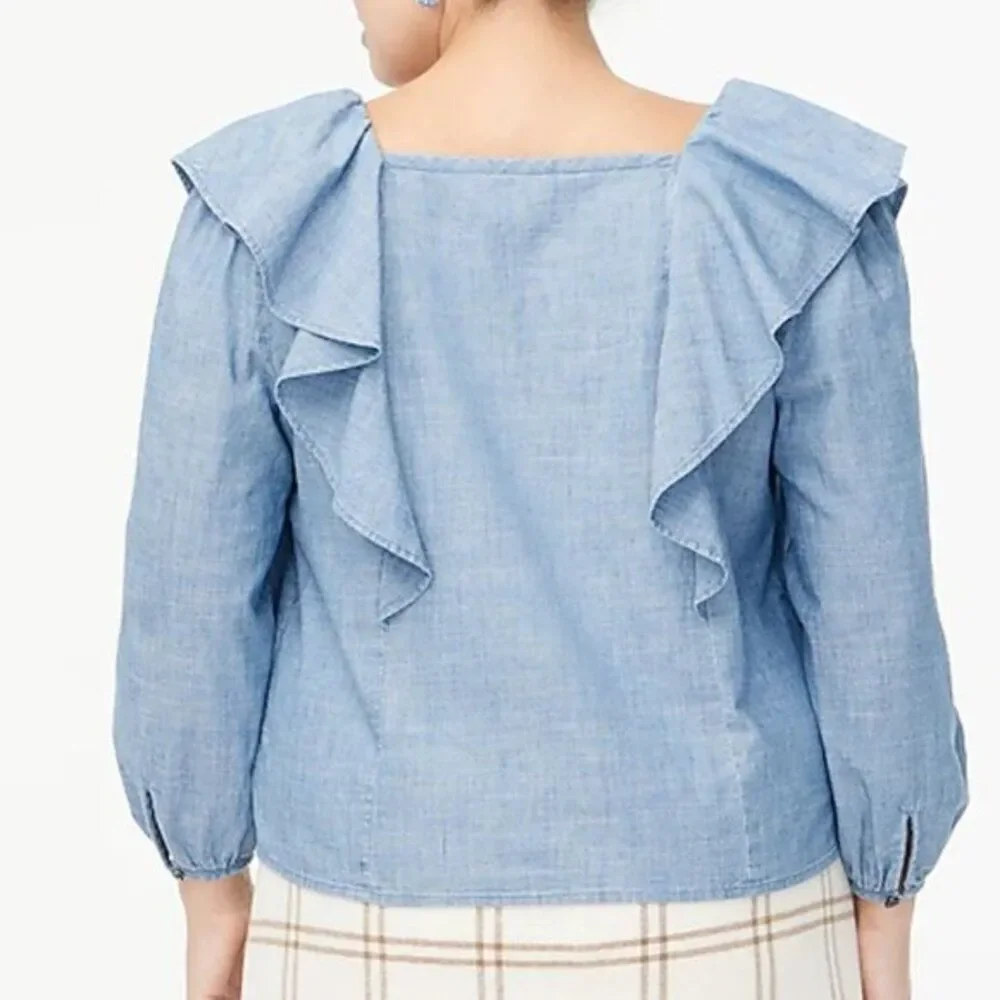 J‎ Crew Women's Squareneck Ruffle Cottton Chambray Top